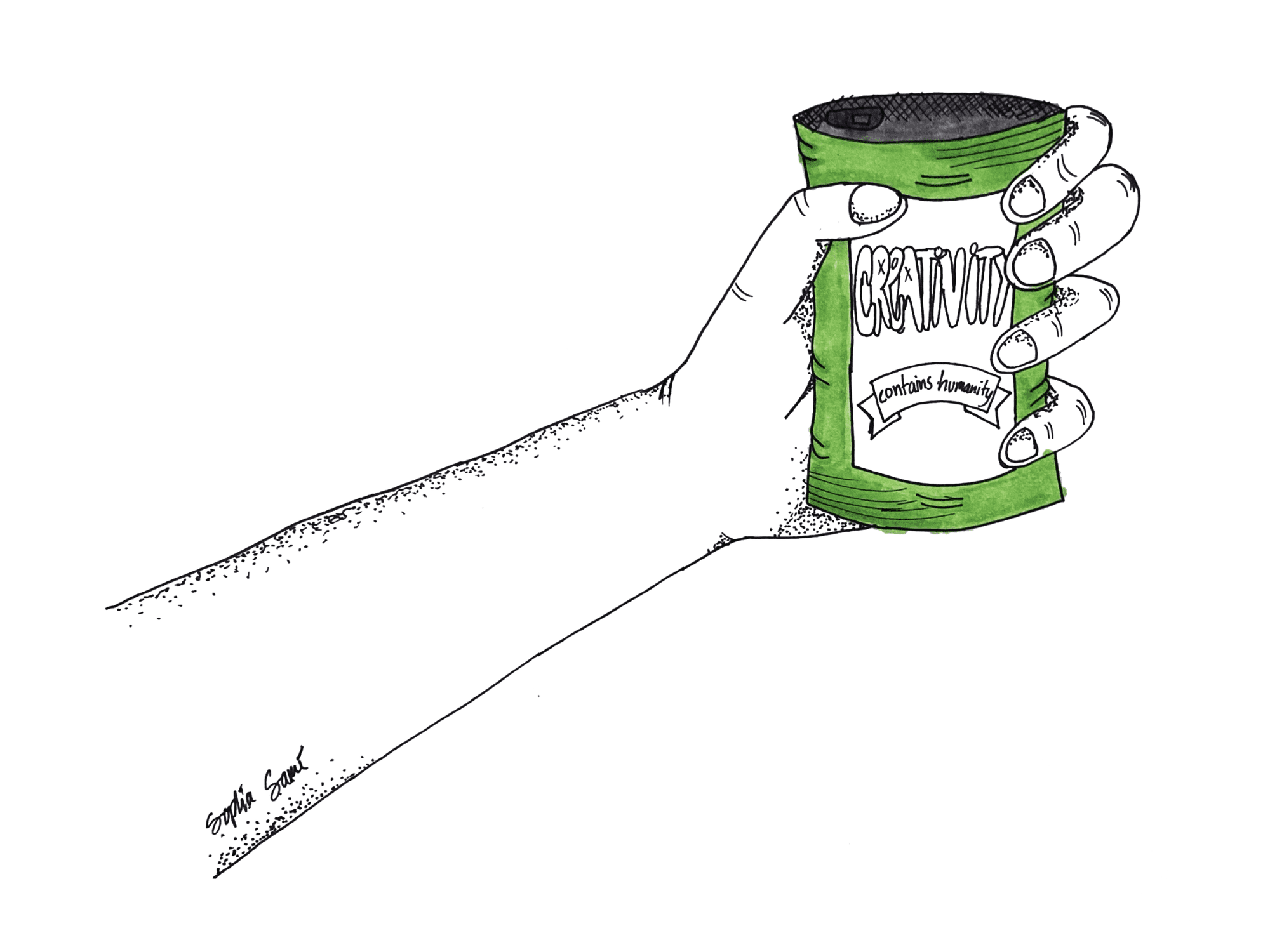Drawing by Sophia Sami that shows a hand carrying a can for Contains Humanity